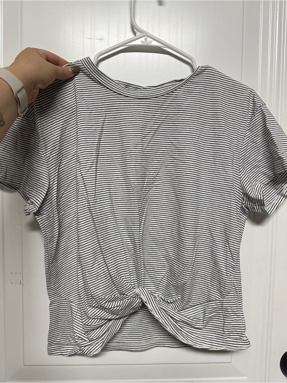 Lush Striped Twist-Front Short Sleeve Top - White/Black